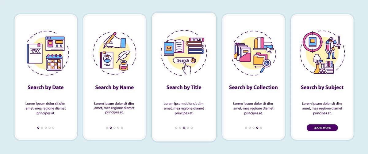 Online library onboarding mobile app page screen bundle