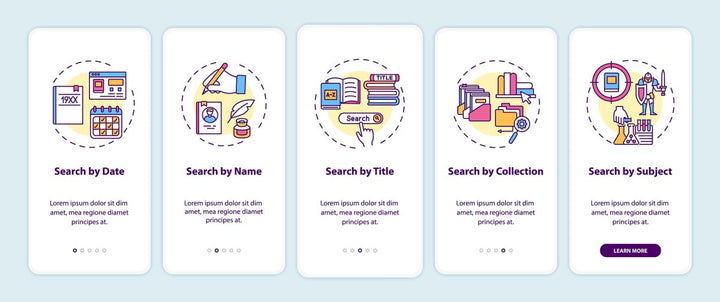 Online library onboarding mobile app page screen bundle