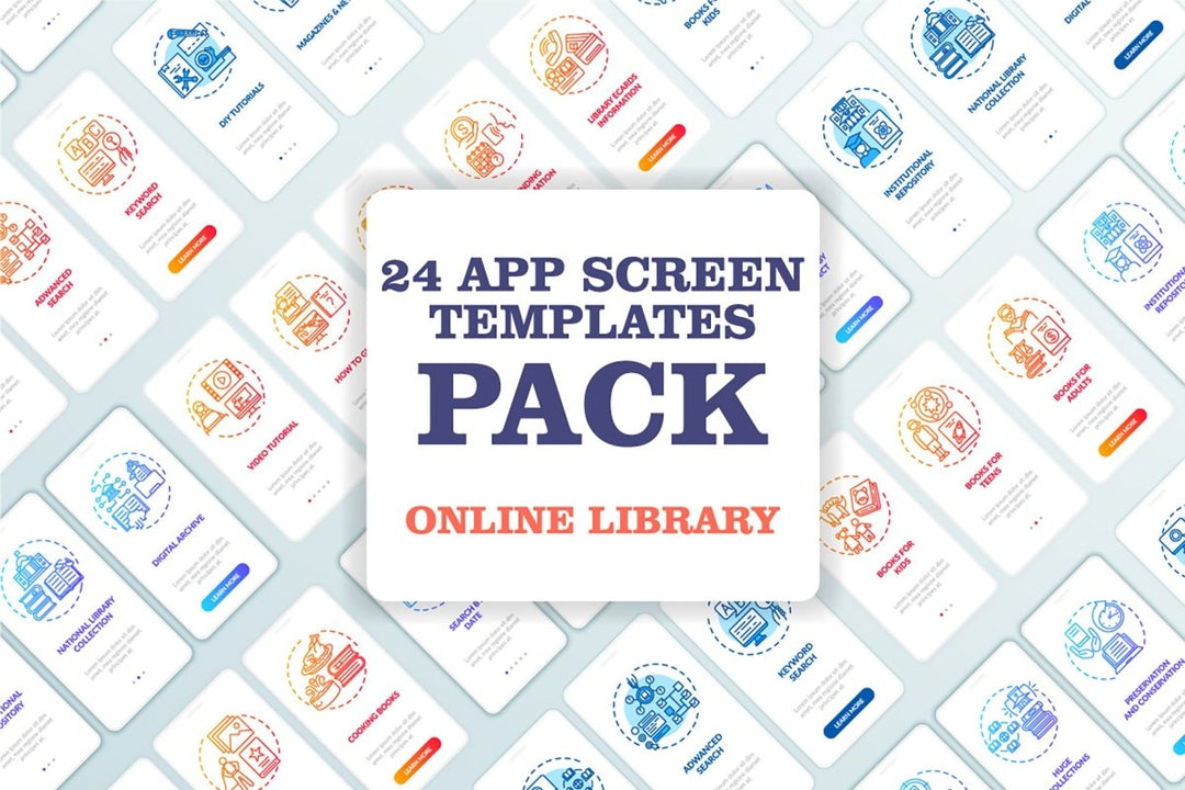 Online library onboarding mobile app page screen bundle