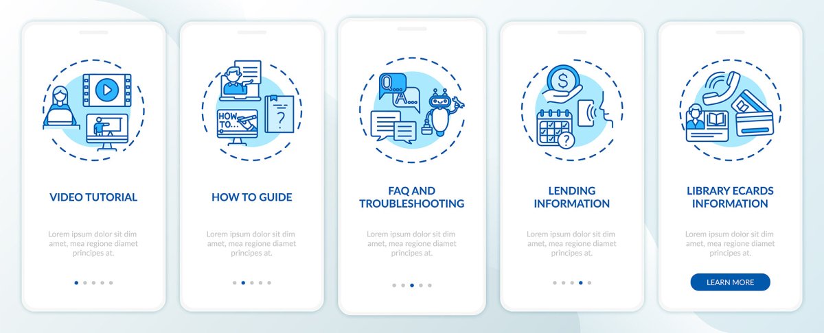 Online library onboarding mobile app page screen bundle