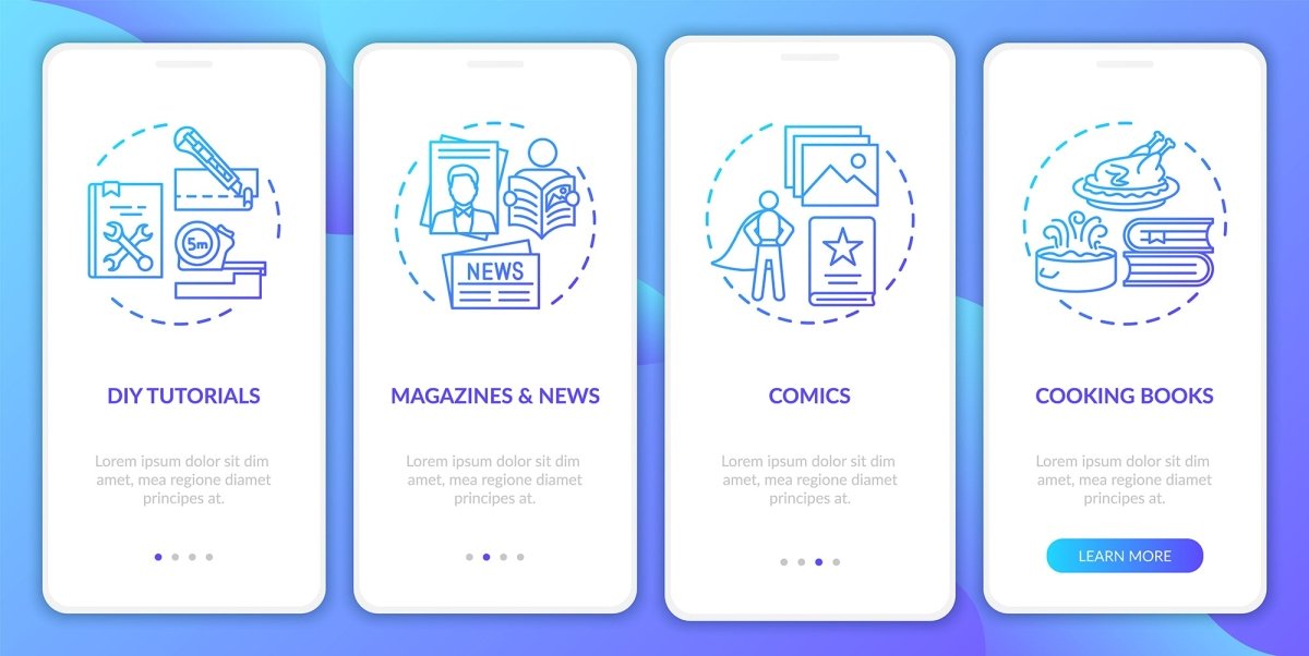 Online library onboarding mobile app page screen bundle