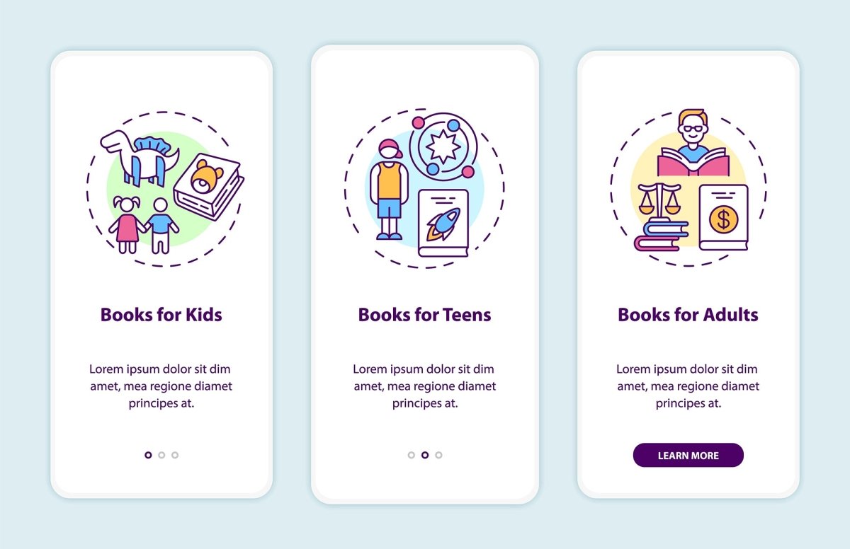 Online library onboarding mobile app page screen bundle