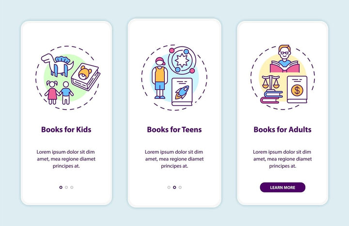 Online library onboarding mobile app page screen bundle
