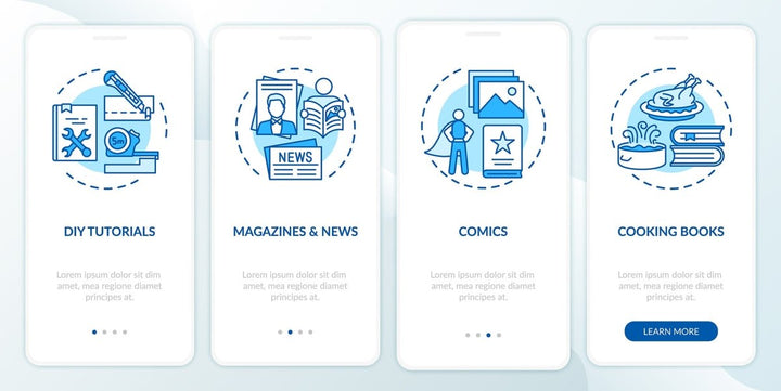 Online library onboarding mobile app page screen bundle
