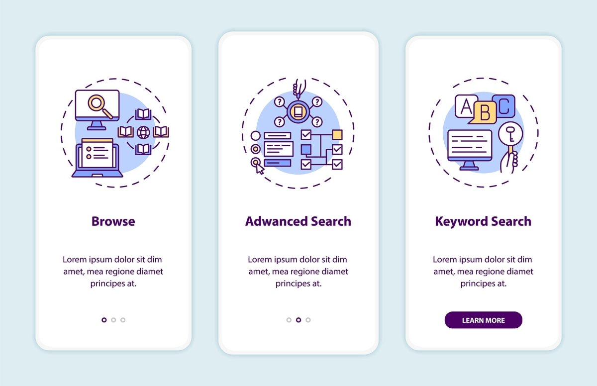 Online library onboarding mobile app page screen bundle