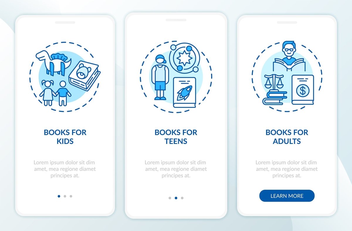 Online library onboarding mobile app page screen bundle