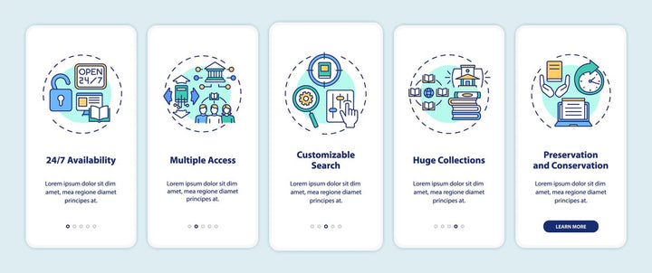 Online library onboarding mobile app page screen bundle