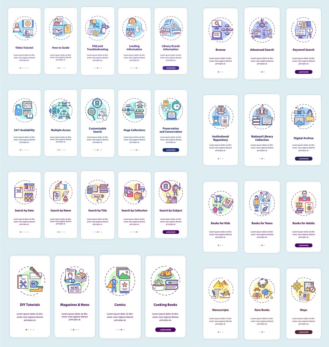 Online library onboarding mobile app page screen bundle