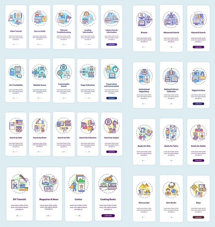 Online library onboarding mobile app page screen bundle