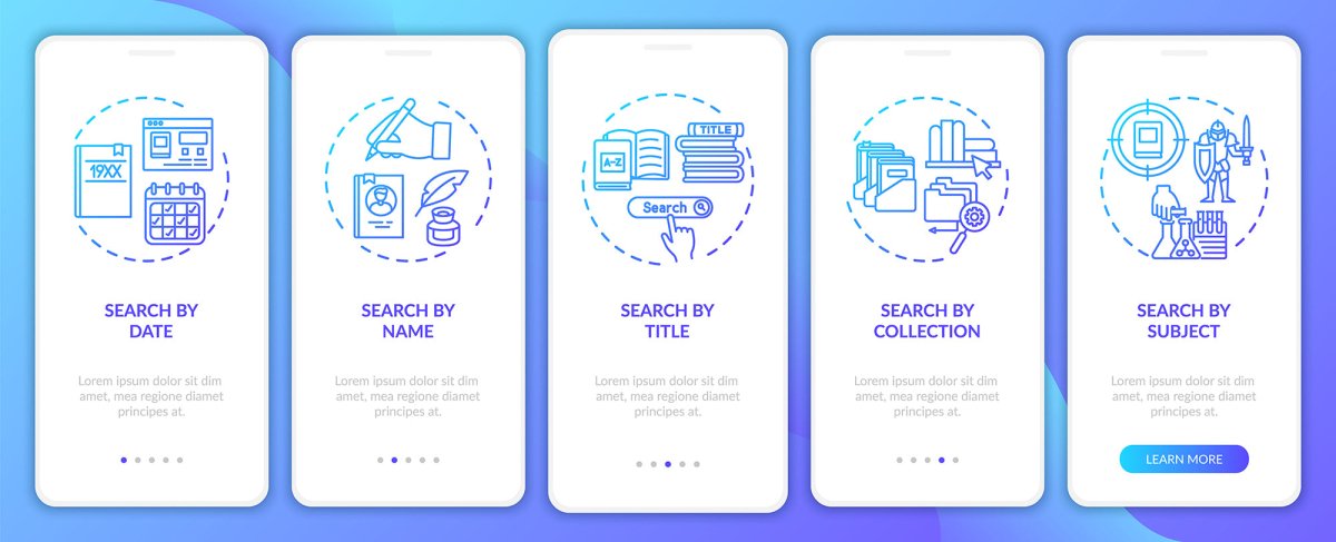 Online library onboarding mobile app page screen bundle
