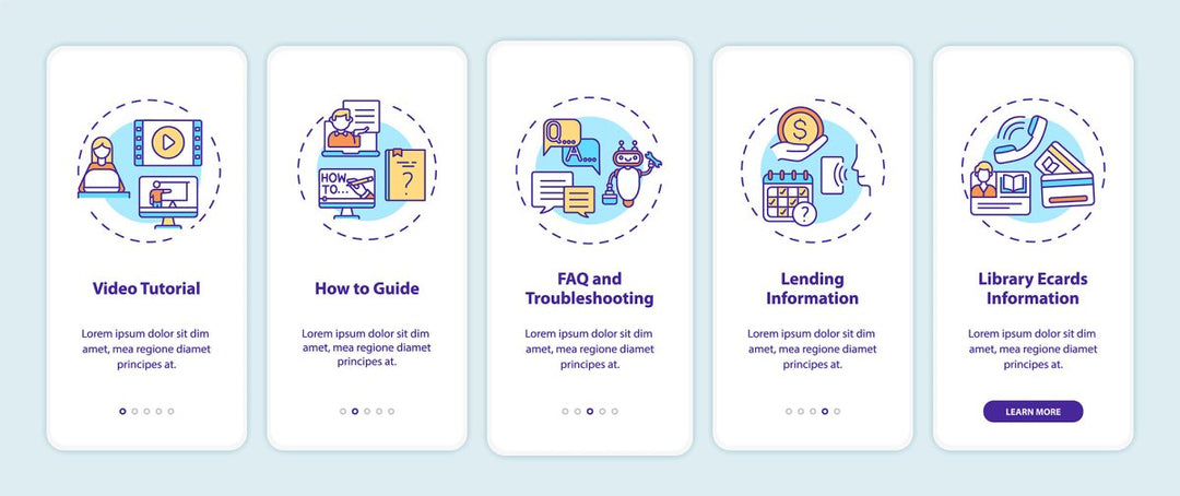 Online library onboarding mobile app page screen bundle