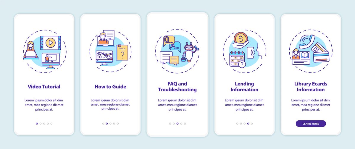 Online library onboarding mobile app page screen bundle