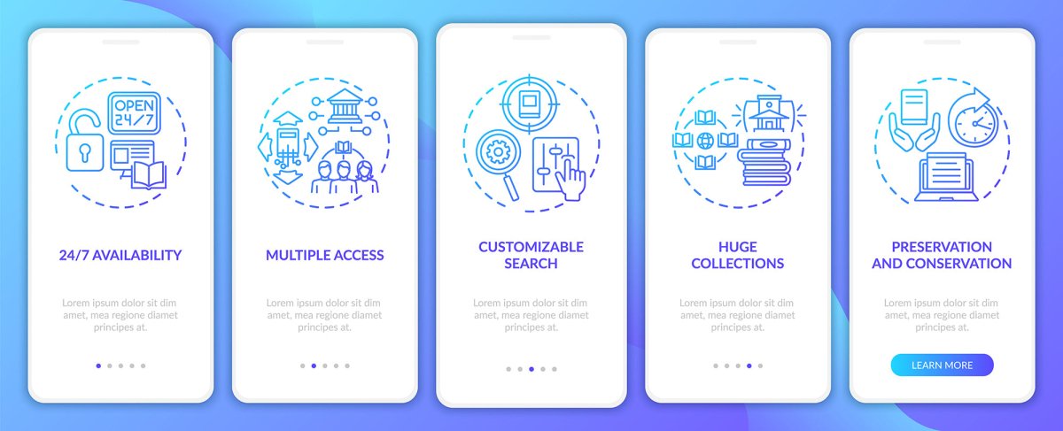 Online library onboarding mobile app page screen bundle