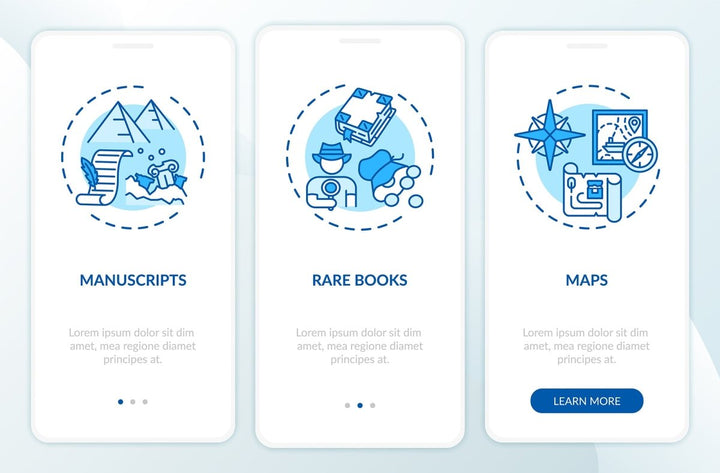 Online library onboarding mobile app page screen bundle