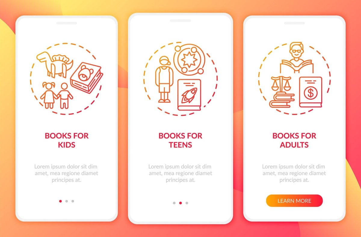 Online library onboarding mobile app page screen bundle