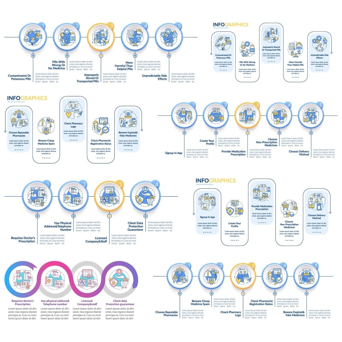 Online medication order vector infographic template set