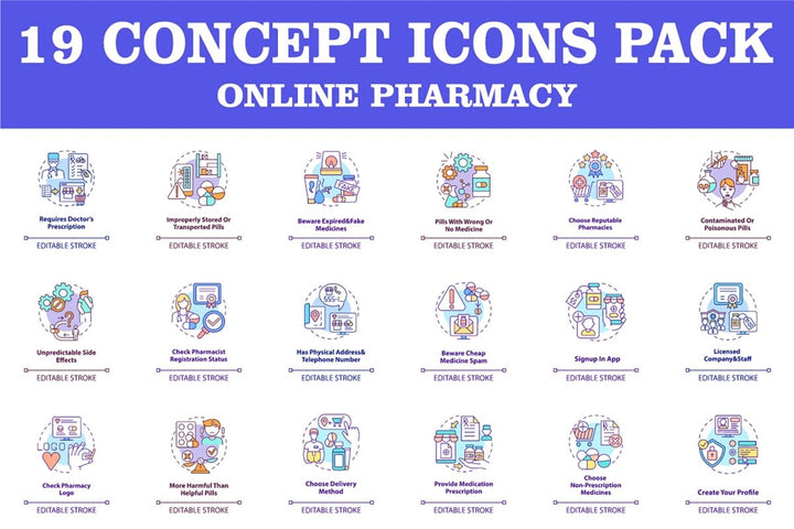 Online pharmacy concept icons bundle