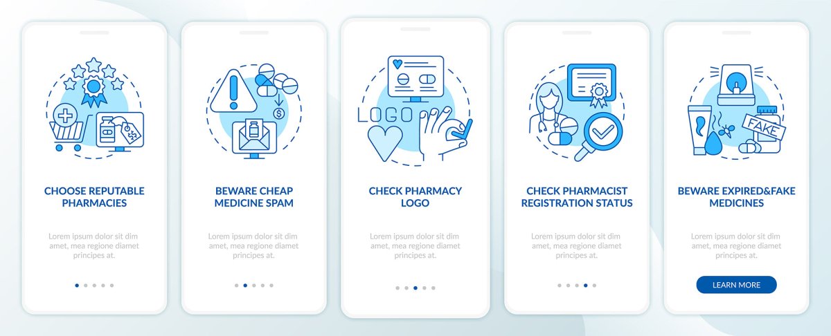 Online pharmacy onboarding mobile app page screen bundle