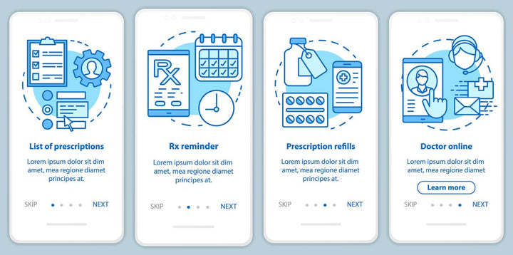 Online pharmacy onboarding mobile app page screen bundle