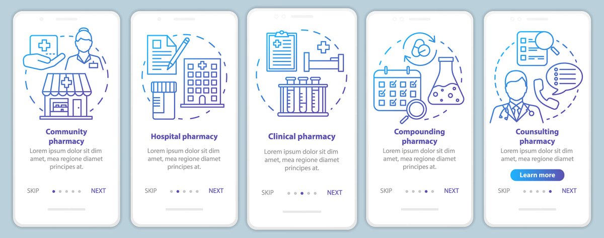 Online pharmacy onboarding mobile app page screen bundle