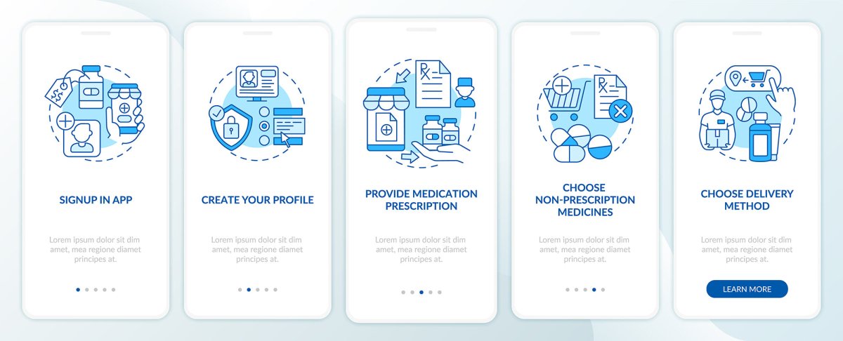 Online pharmacy onboarding mobile app page screen bundle
