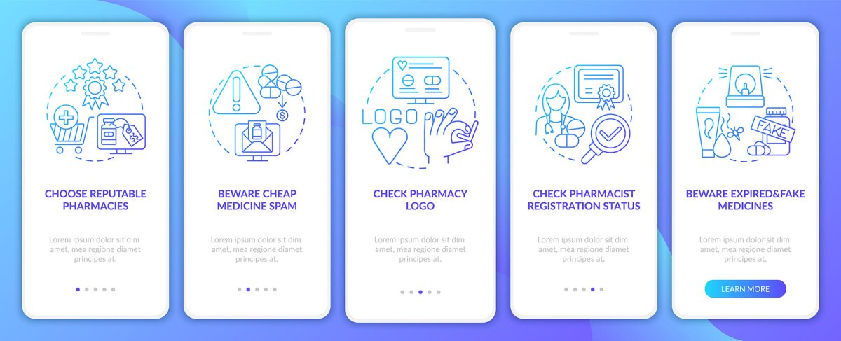 Online pharmacy onboarding mobile app page screen bundle