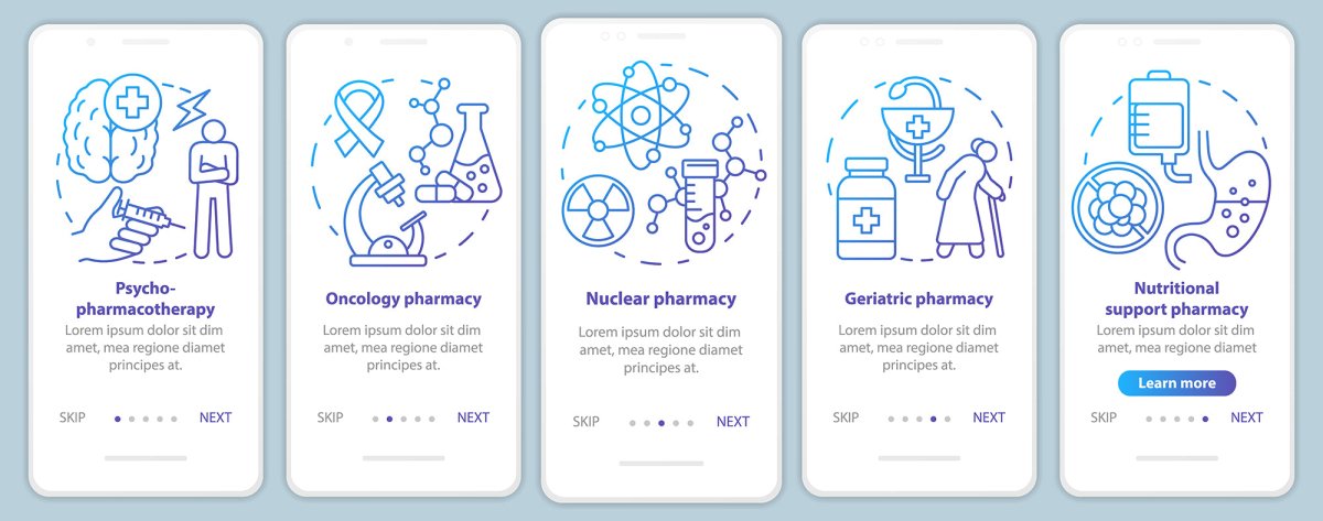 Online pharmacy onboarding mobile app page screen bundle