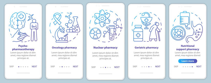 Online pharmacy onboarding mobile app page screen bundle