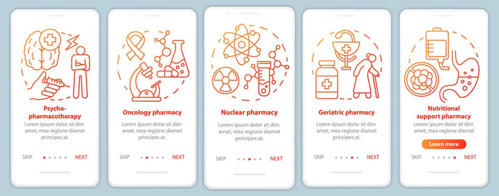 Online pharmacy onboarding mobile app page screen bundle
