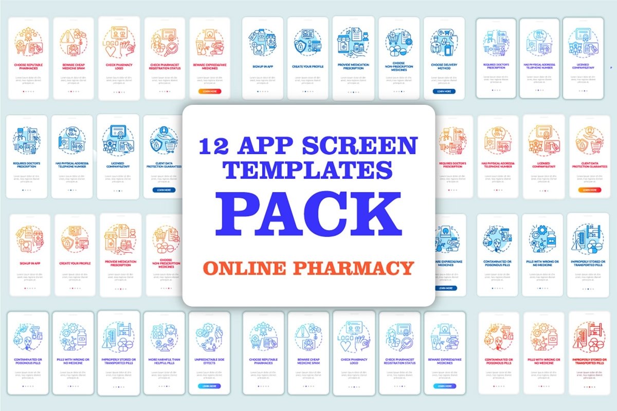 Online pharmacy onboarding mobile app page screen bundle