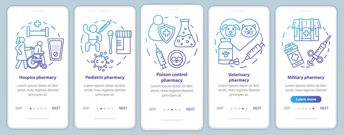Online pharmacy onboarding mobile app page screen bundle