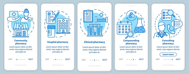 Online pharmacy onboarding mobile app page screen bundle