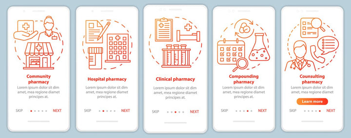 Online pharmacy onboarding mobile app page screen bundle