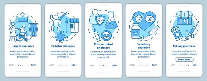Online pharmacy onboarding mobile app page screen bundle