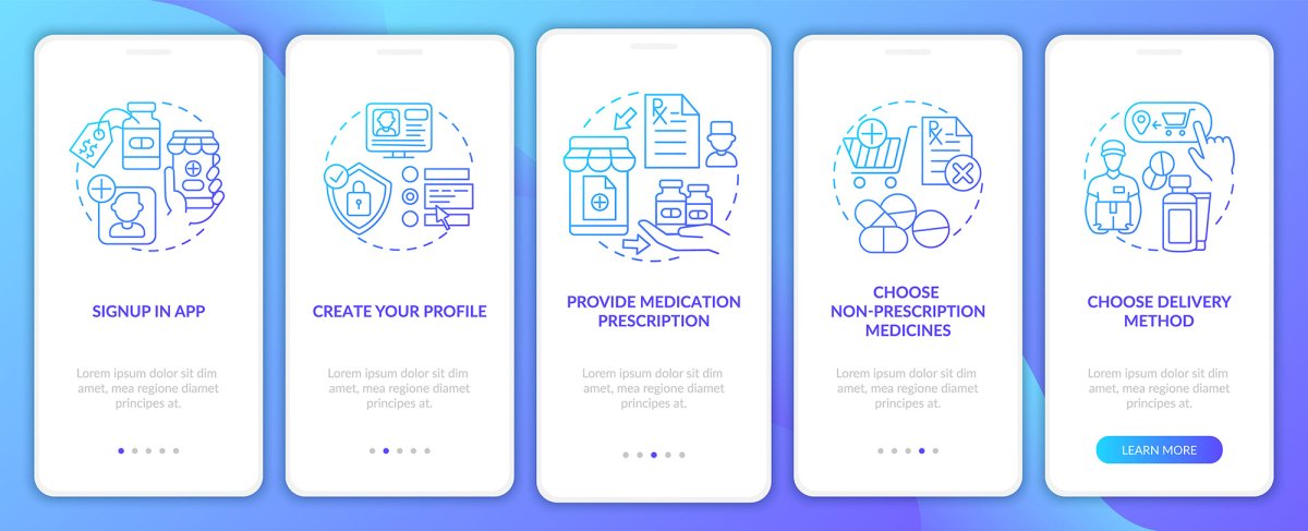 Online pharmacy onboarding mobile app page screen bundle
