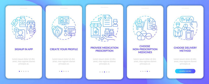 Online pharmacy onboarding mobile app page screen bundle