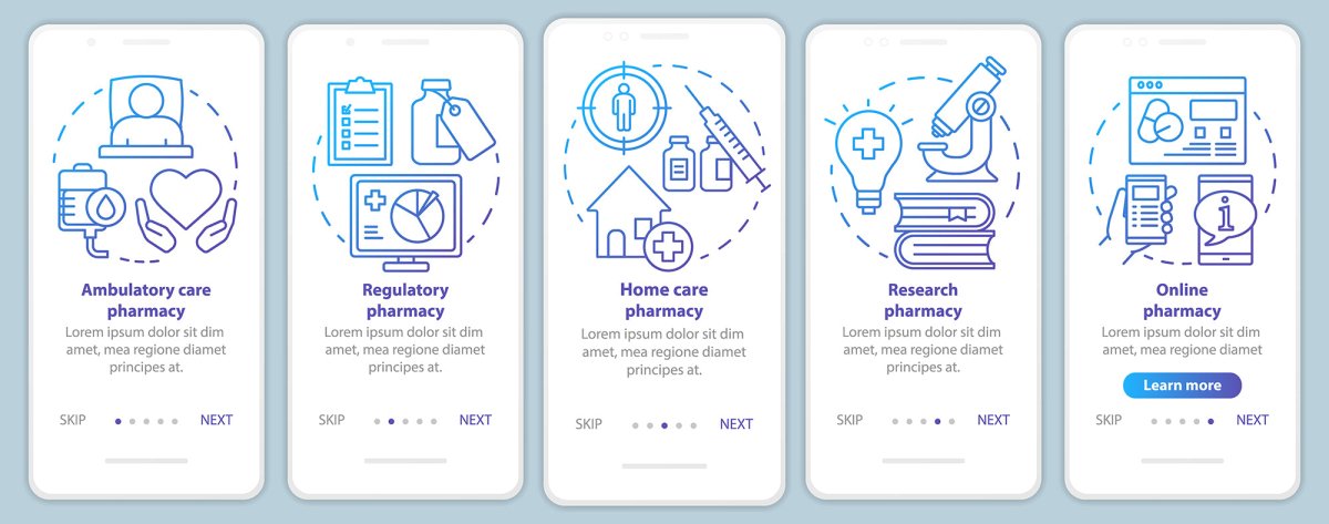 Online pharmacy onboarding mobile app page screen bundle