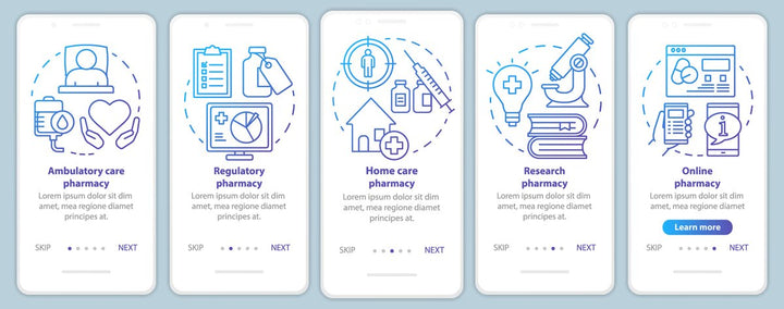 Online pharmacy onboarding mobile app page screen bundle