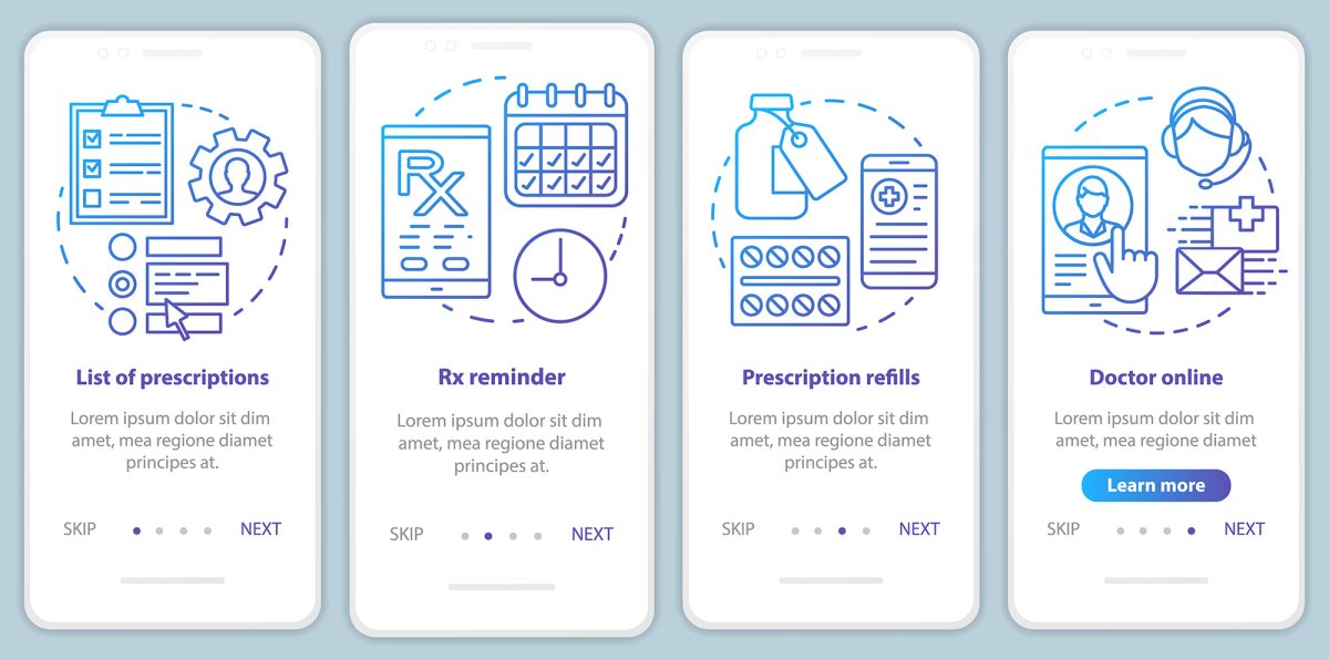 Online pharmacy onboarding mobile app page screen bundle