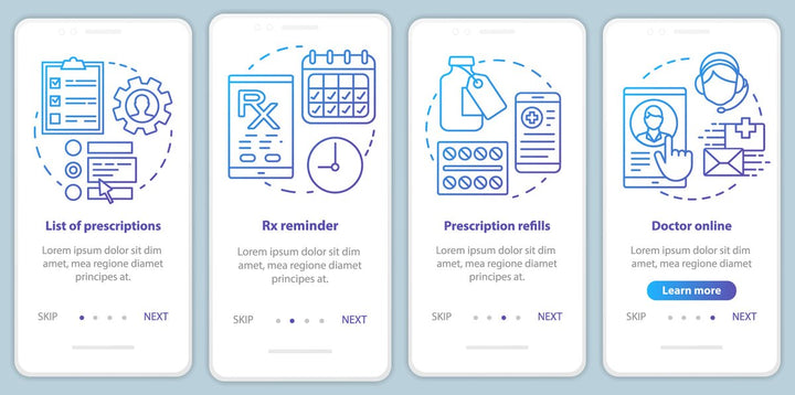 Online pharmacy onboarding mobile app page screen bundle