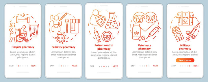 Online pharmacy onboarding mobile app page screen bundle