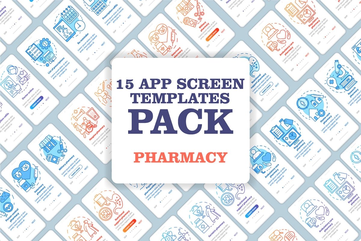 Online pharmacy onboarding mobile app page screen bundle