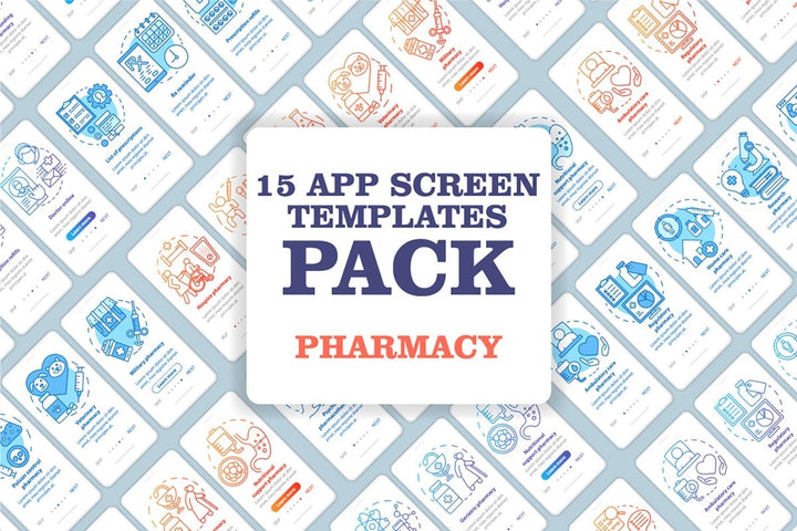 Online pharmacy onboarding mobile app page screen bundle