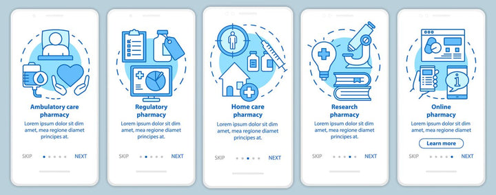 Online pharmacy onboarding mobile app page screen bundle