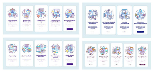 Online pharmacy onboarding mobile app page screen set
