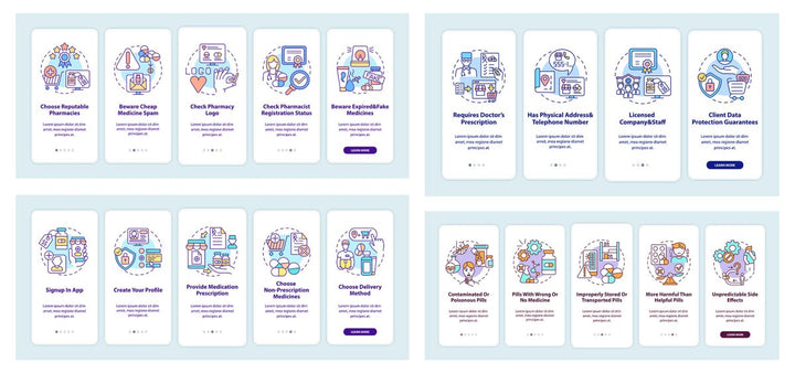 Online pharmacy onboarding mobile app page screen set