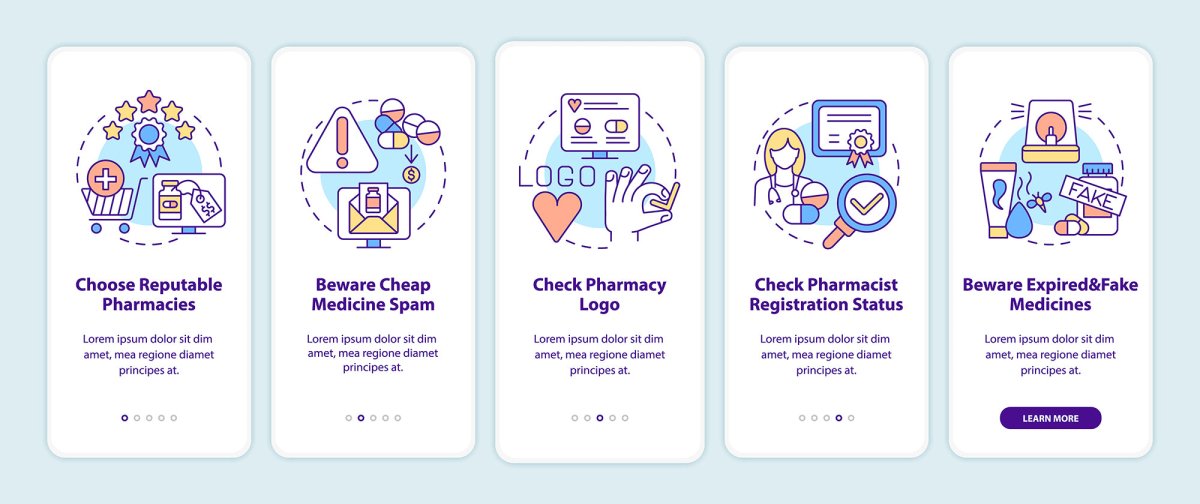 Online pharmacy onboarding mobile app page screen set