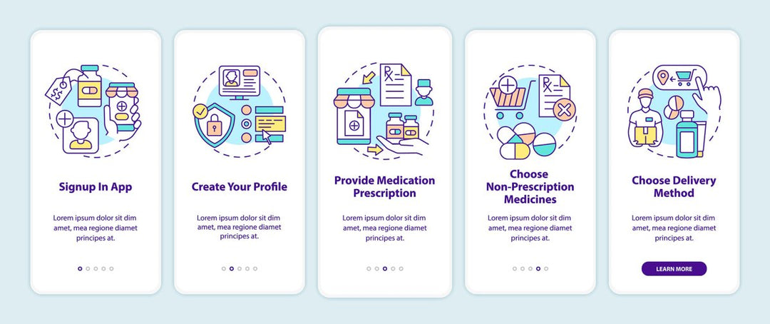 Online pharmacy onboarding mobile app page screen set