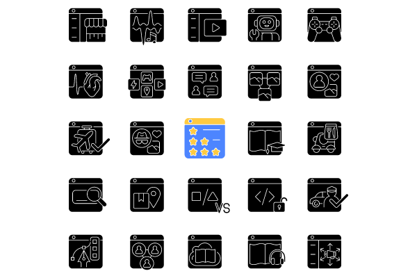 Online platforms black glyph icons set on white space