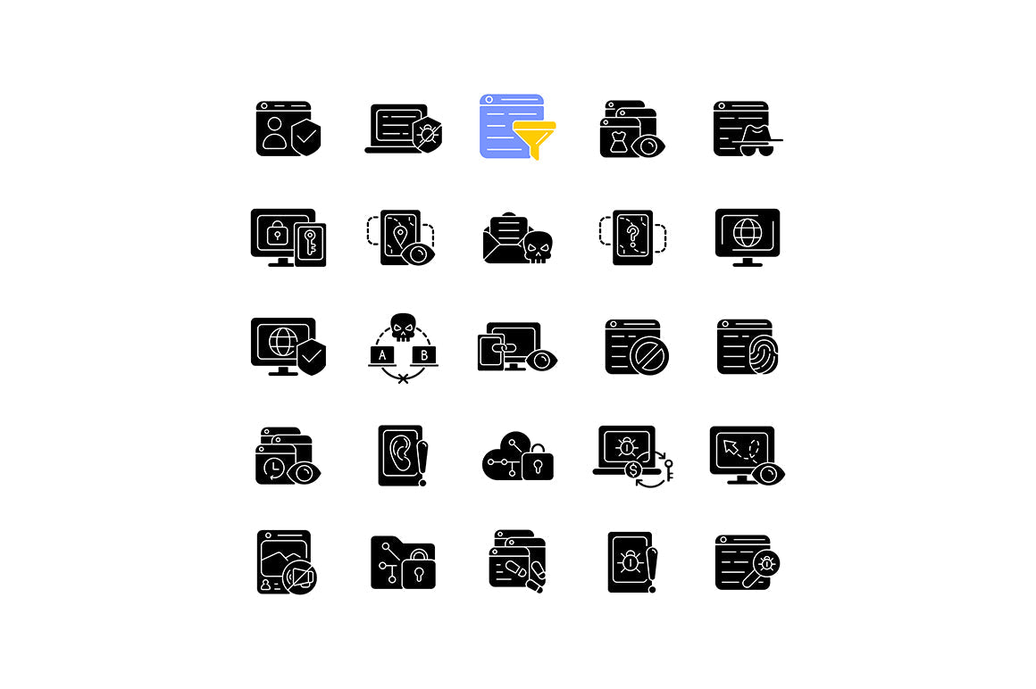 Online surveillance and censorship black glyph icons set on white space